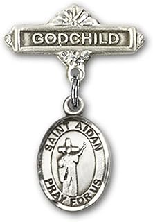 Sterling Silver Baby Badge with St. Aidan of Lindesfarne Charm and Godchild Badge Pin 1 X 5/8 inches