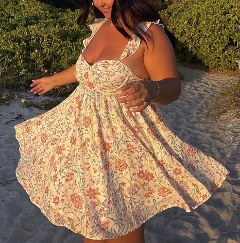 Image of NUFIWI Y2K Ruffle Hem Babydoll Mini Dresses Square Neck Spaghetti Strap Short Dresses Boho Flowy Patchwork Sundress Vocation