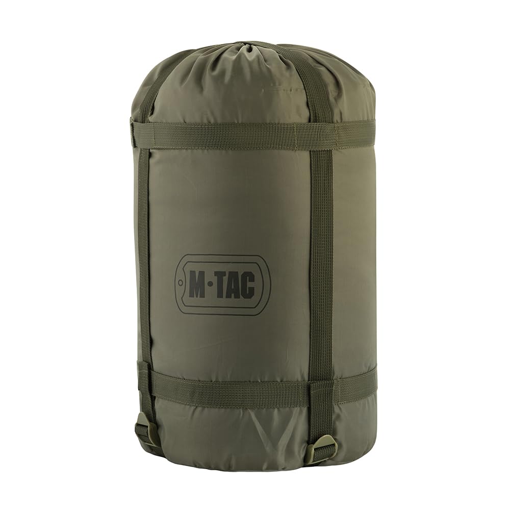 M-Tac Schlafsack Camping Tasche Olive Wasserdicht Kompressionsschlafsack mit Kapuze, Doppelreißverschluss, Komforttemperatur -5 / +5°C, Olive