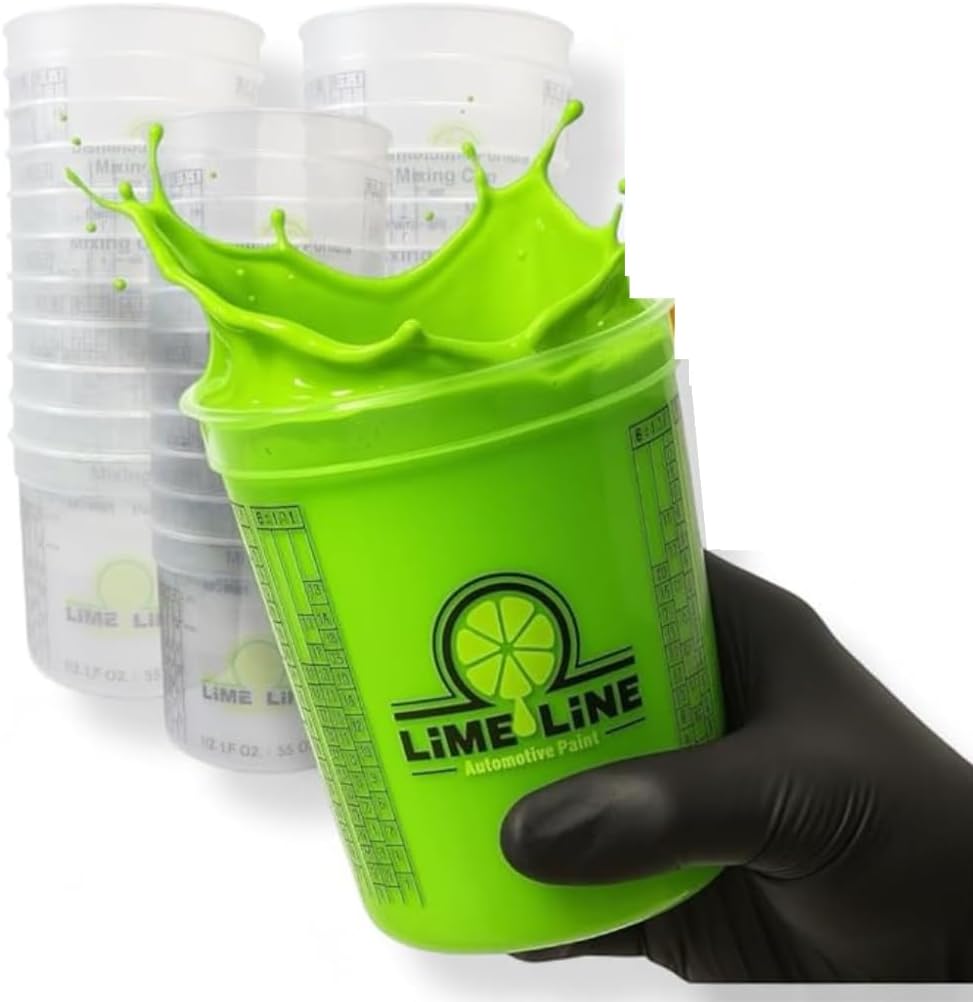LiME LiNE Solvent Resistant Mixing Cups - Quart Size Disposable Automotive Paint & Epoxy Measuring Cups Graduated 4:1, 3:1, 2:1 Ratios with Ounce & Milliliter Markings (Pack of 32)