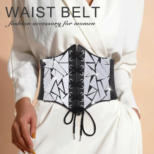 Asooll Punk Black Leather Corset Belt Sequin Lace Up Waist Belts Party Club Dress Belt for Women and Girls2