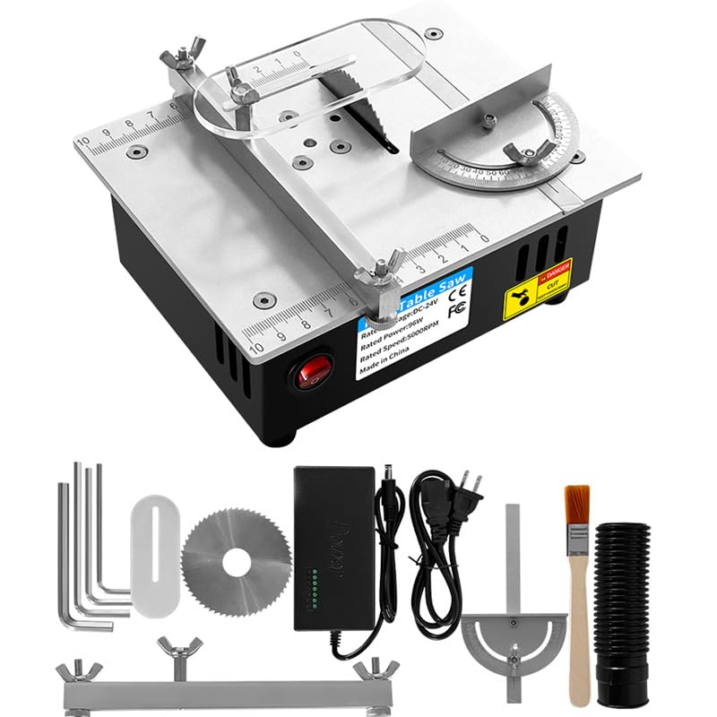 Tischkreissäge, 96 W, Mini-Tischkreissäge mit Klingen, verstellbarer Winkel, Schnitttiefe 14 mm, Schnittlänge 100 mm, Stromversorgung mit 7 einstellbaren Geschwindigkeiten (weiß)
