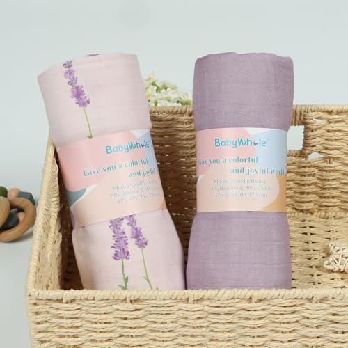 Image of Muslin Swaddle Blankets Neutral, Baby Swaddling Wrap Nursery Receiving Blanket for Baby Girl, 70% Viscose from Bamboo and 30% Cotton, Large 47 x 47 inches Lavender & Mauve
