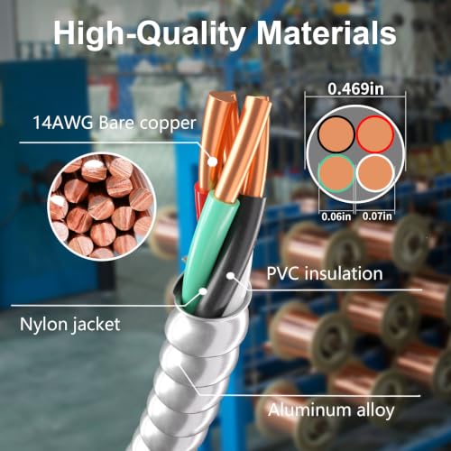 Image of HUANCHAIN 14 /3 MC Cable 50FT Solid Copper Wire with Aluminum Armor