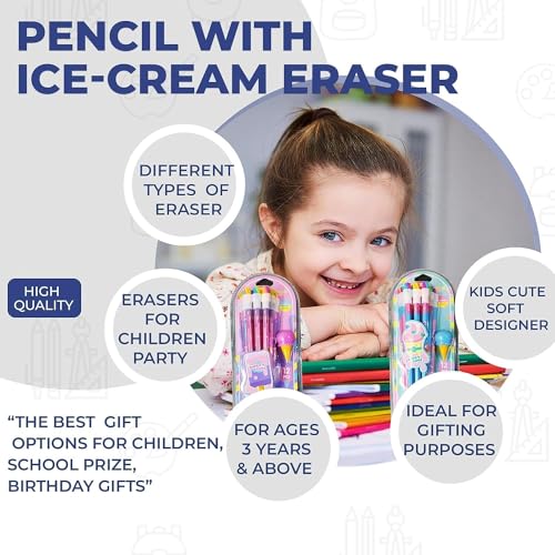 Image of 24 Pcs HB Pencils Set with Cute Ice Cream Erasers - Cartoon Theme Colourful School Pencils for Girls, Boys, Kids, Drawing, Homework, Birthday Return Gifts, Stationery Kit