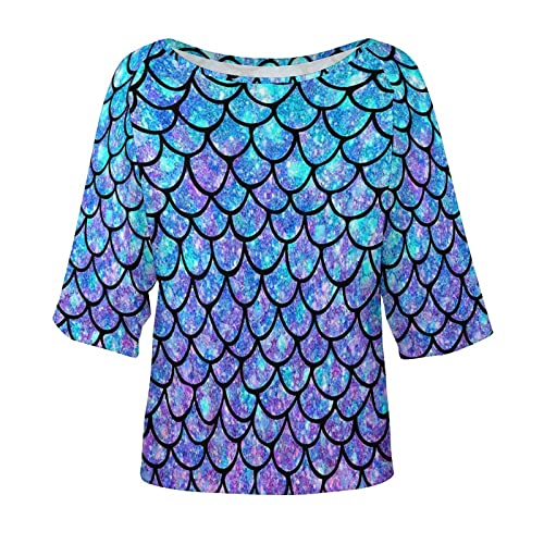 Ombre Mermaid Teal Purple Fish Scale Pattern Womens Tops Sexy Off Shoulder Shirts Casual Short Sleeve T-Shirt3