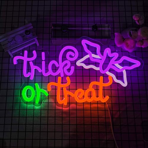 Image of Halloween Neon Sign Bat Neon light for Wall Decor Dimmable Flashing Tick or Treat Neon Lights for Windows Halloween Party Decor