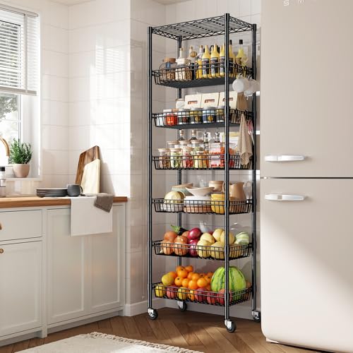 Image of DurayLoly 7-Tier Basket Shelf Wire Shelving Unit with Wheels, Adjustable Storage Shelves with Hooks, 72 inch H x 24 inch W x 14 inch D Pantry Shelves for Kitchen, Bathroom, Closet & Small Spaces, Black