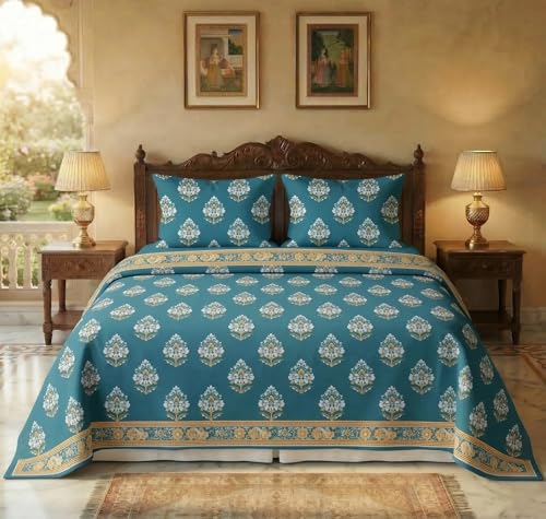 Image of VAS COLLECTIONS 240 TC Cotton Double Bedsheet with 2 Pillow Covers (90x100 Inch) Soft Breathable Skin Friendly Jaipuri Printed King Size Bedding Set for Bedroom Decor (Mughal Buti Print)