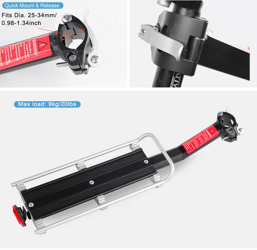 ThreeH Bicycle Luggage Carrier Quick Release Lightweight Rear Cargo Rack Universal 20lb/9kg Load Fit Most Mountain Bike with Reflector Elastic Cargo Strap