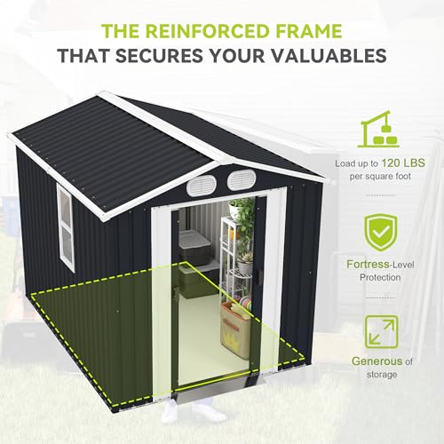 Image of KEIKI 8x6 FT Outdoor Storage Shed, Heavy Duty Metal Garden Shed with Lockable Sliding Doors, Air Vents & Sloped Roof, Waterproof Backyard Tool Shed for Lawn Equipment, Patio Furniture, Dark Gray