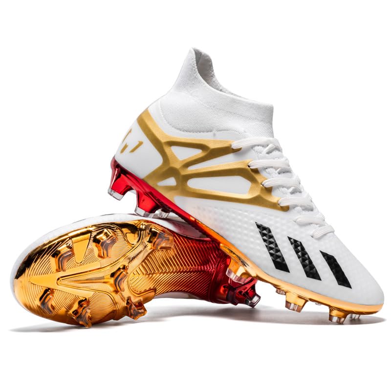 Eestfy Botas de Fútbol FG Hombre y Mujer Tacos Antideslizantes Diseño de Caña Alta Estables para Césped Firme Tallas Completas Disponibles,Whitegold FG,41 EU