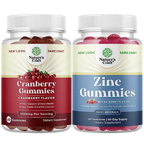 Bundle Of Natural Cranberry Gummies For Women And Men And Extra Strength Zinc Gummies For Adults - Extra Strength Delicious Antioxidant Cranberry Chews - Chewable Zinc Citrate 50Mg Immunity Gummies #TOP22