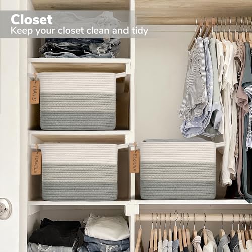 Image of Goodpick Woven Basket, Rope Baskets for Organizing, Toy Baskets Storage Kids, Empty Gift Basket with Handles, Closet Baskets for Shelves, Bathroom, 13 x 10 x 9 Inches, Gray