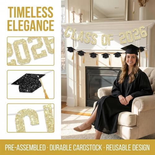Graduation Decorations 2026, Class Of 2026 Congratulations Banner Grad Decorations, Glitter Grad Banner with Tassels Congrats Decor for Prom Party, College, School, Assembled (Gold Multicolor) - 2
