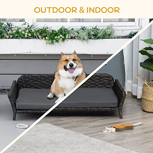 Pawhut Elevated Rattan Dog Bed With Steel Frame, Handwoven Wicker Pet Bed With Water Resistant Cushion, Dog Bed Outdoor For Large Medium Dog, Charcoal Grey #TOP5
