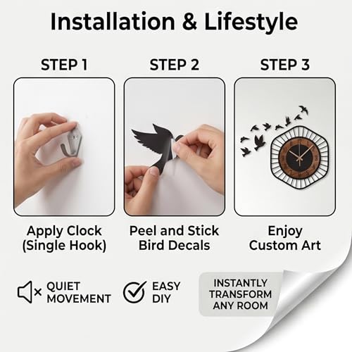 Image of DIY Modern Bird Analog Wall Clock for Hall and Living Room - Silent Non-Ticking Sweep Movement, Stylish Vintage Decorative Wall Watch for Home, Office, and Bedroom 12-Inch Black
