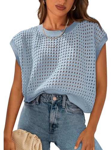 Image of Womens Crochet Cap Sleeve Sweater Summer Crew Neck Casual Hollow Out Knit Tops Pullover Trendy Beach Cover Ups Outfits