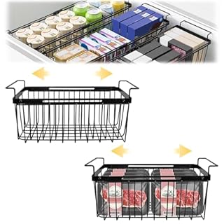 Yallmie Expandable Chest Freezer Baskets, 2Pcs Chest Freezer Storage Baskets Organiser Freezer Organizer Bins, Adjustable from 13.38" to 21.45" Wire Basket Storage for Easily Sort and Get Frozen Foods
