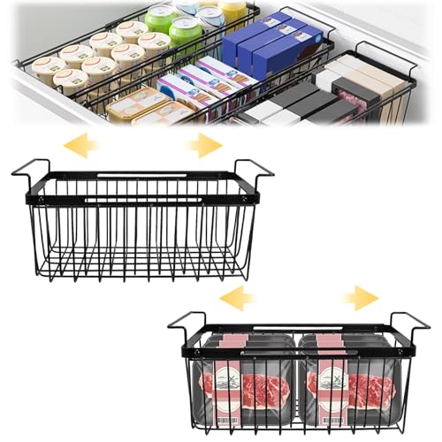 BigKing Lot de 2 organiseurs congélateur pour congélateur extensible, longueur réglable de 39 à 59,5 cm, panier pour congélateur avec poignées, panier de...