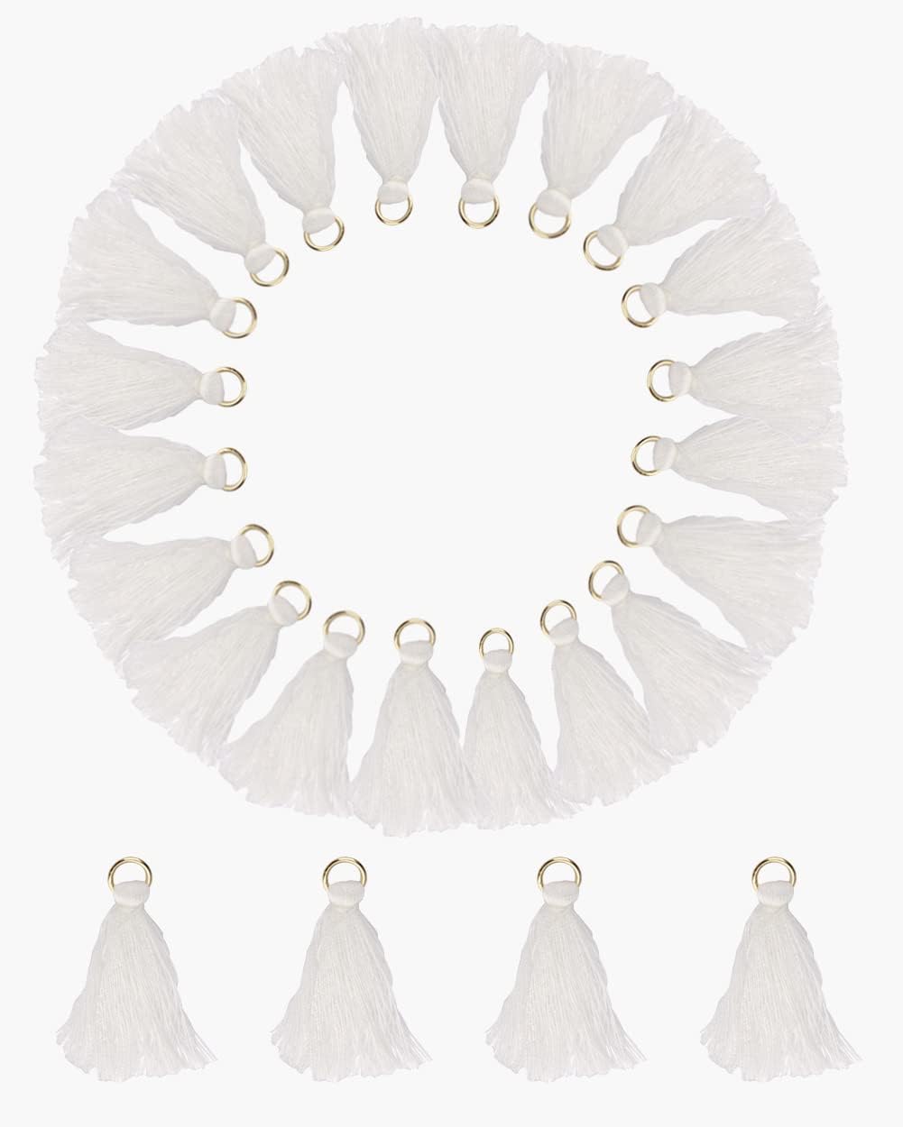 MSCFTFB 100 Pieces Mini Tassels Mala Tassel Kit with Jump Rings for Earring Necklace Jewelry Making Garland Keychain Charms Crafts Decorations (White)