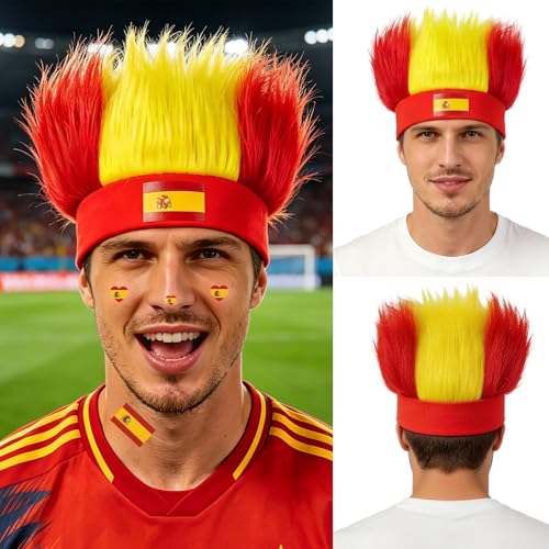 PLULON Perruque bandeau à poils, déguisement espagnol pour les fans de la Coupe du Monde de football 2026, bandeau à poils avec drapeau national, accessoire...