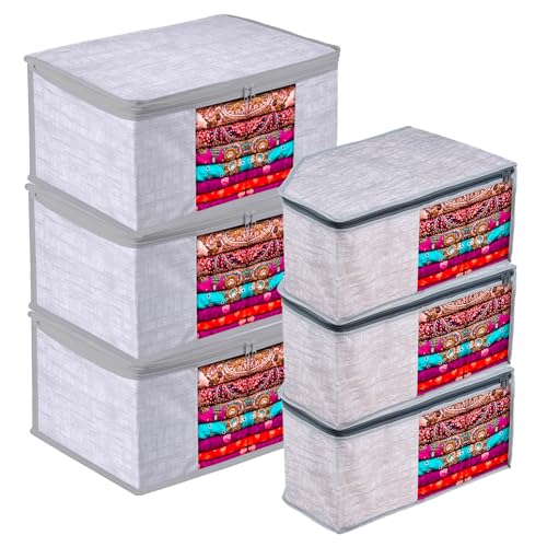 Image of Kuber Industries Saree Cover & Blouse Cover Set | Saree & Blouse Organizer Combo Set | 3 Pieces Blouse & 3 Pieces Saree Cover Set | Zipper Closure | Jute-Printed | Set of 6 | Gray