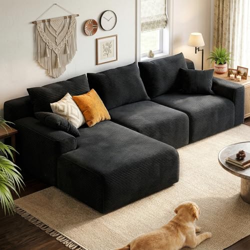 Homkdom Modular Sectional Sofa for Apartment, Black, Left Facing Chaise | Boneless Couches for Living Room, L Shaped Couch with Deep Seat, Corduroy Memory Foam Compression Couches for Small Space