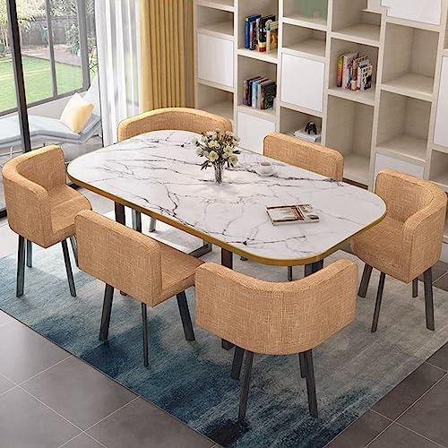 Juego de cocina moderno con mesa de mármol de imitación y sillas tapizadas, ideal para sala de estar o rincón de desayuno (E90 x 150 cm)