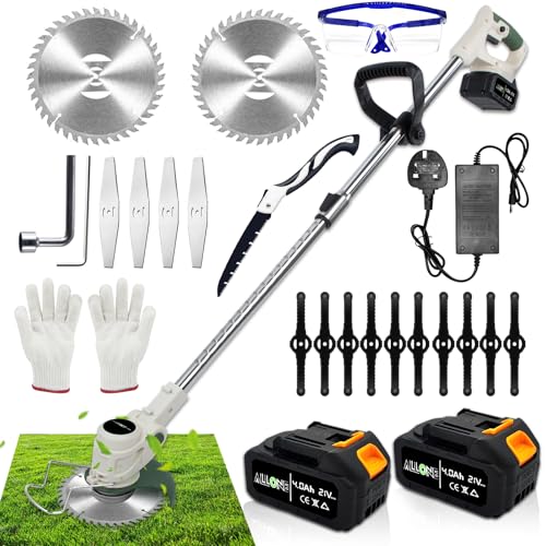 Cordless Grass Trimmer with Metal Blades, allOne 21V 4.0Ah Battery Powered Grass Trimmer Lightweight Garden Brush Cutter Lawn Edger Tool, Electric 3-in-1 Stringless Strimmer
