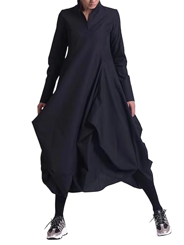 Women's Solid Color Stand-up Collar A-line mid-Length Retro Long-Sleeved Elegant