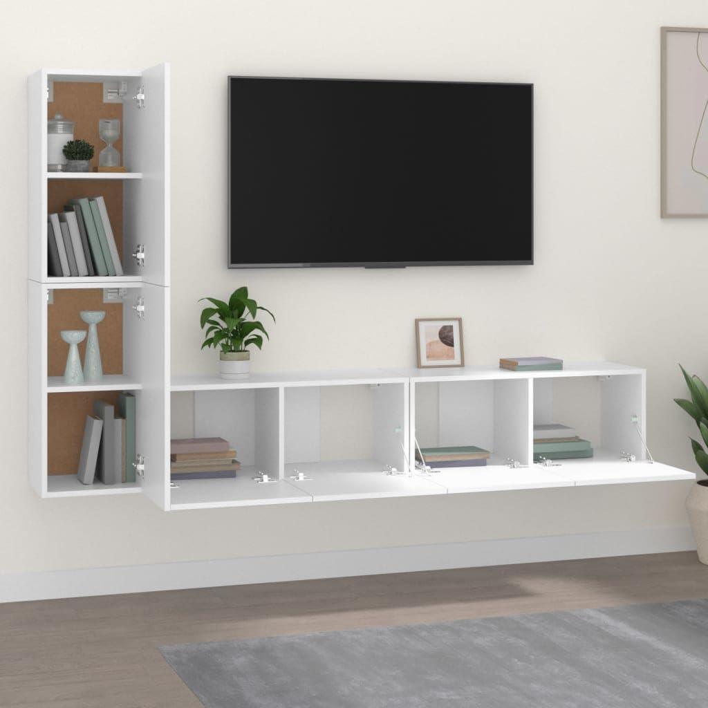 4-TLG. TV-Schrank-Set, Weiß, Holzwerkstoff, Wandmontage, Modernes Media-Center für Wohnzimmer und Schlafzimmer, Viel Stauraum, 80x30x30 cm