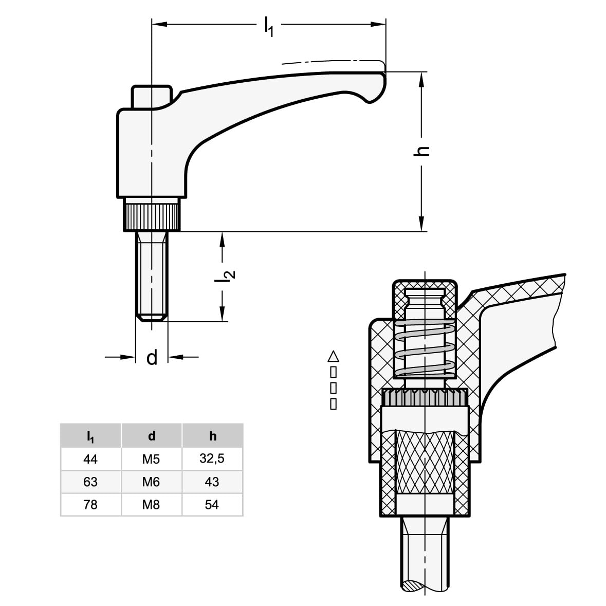 Ganter Normelemente Lot de 2 leviers de serrage en plastique, vis en acier | GN 603-78-M8-30-DSG | Filetage M8 x 30