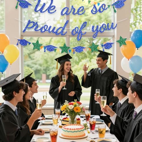 Image of We Are So Proud Of You Banner Graduation Party Decorations Glitter Congratulations Class Grad Ideas Blue Green