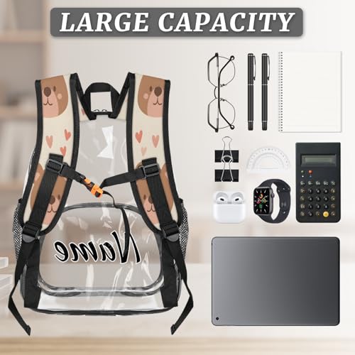 Personalized Brown Bear Clear Small Backpack for Stadium Events Custom Transparent Backpacks with Name Heavy Duty PVC Plastic See Through Clear Bag for Concerts Cute Wildlife2