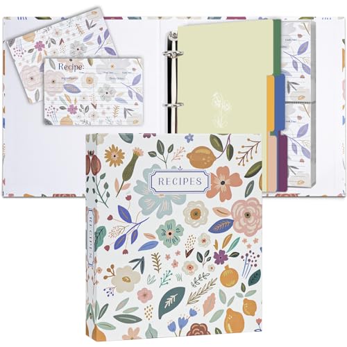 Hiwhy Carpeta de recetas de 3 anillos de 8.5 x 9.5 pulgadas, página completa, juego organizador de recetas de 3 anillos con 25 páginas de ranura, 50 tarjetas de recetas y 6 páginas divisoras, libro de