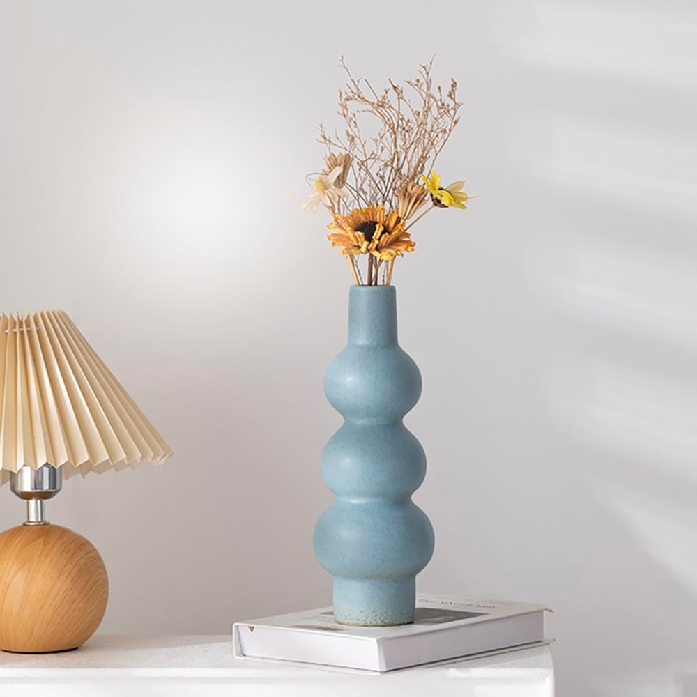 Matte Blue Ceramic Vase, 11-Inch Textured Bubble Stacked Ball Flower Vase, Minimalist Nordic Home Decor Accents for Modern Shelf, Coffee Table, Mantel, Boho Aesthetic Gift (Multi-Tier Design)