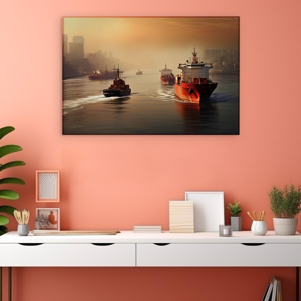Canvas for Living room. Sailing Into Sunset: A Harmonious Blend of Urban Sprawl and River Serenity, 27 x 18 inch Canvas Wall Art - Ready to Hang