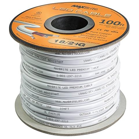 18AWG Low Voltage LED Cable, 3 Conductor, Outdoor Rated, Jacketed in-Wall Speaker Wire UL/cUL Class 2, Sunlight Resistant (100ft) Cover