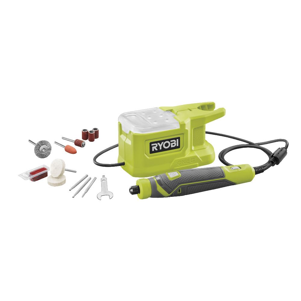 RYOBI - Mini-​Outil Sans Fil 18V ONE+ RRT18-​0 – Vitesse Variable Jusqu'à 35 000 tr/​min, Idéal Gravure, Meulage, Découpe Précise, 15 Accessoires – Batterie Non Incluse