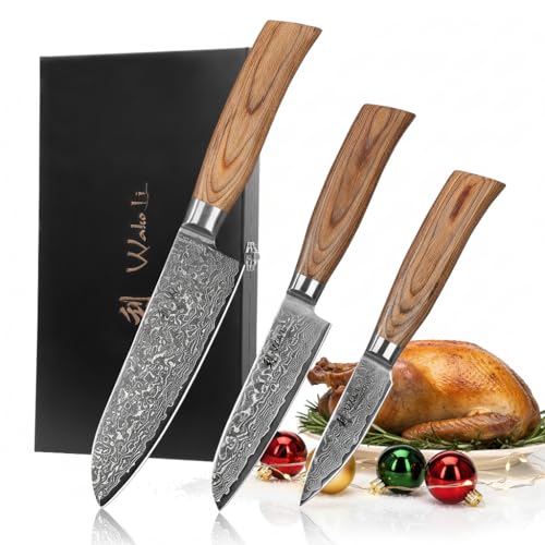 Wakoli EDIB Pro 3-teiliges Küchenmesser Set aus echtem Damaststahl (VG10 Kern) in Geschenkbox aus Holz – 2x Santoku Messer & Officemesser –...