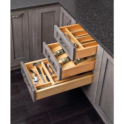 Image of Rev-A-Shelf Trim-to-Fit Silverware Drawer Organizer for Kitchen Utensil Cutlery Cabinet Storage, Natural Maple Wood 9 Compartment Tray Insert, 4WCT-3