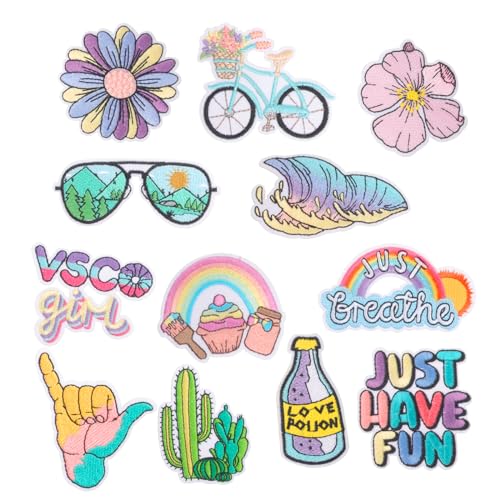 12 Stück Sommer-Bügelflicken für Kleidung, T-Shirts, niedlich, bunt, bestickt, zum Aufnähen, Regenbogen, Wellen, Blumen, geformt für Kleidung, Kleid, Hut, Jeans,...