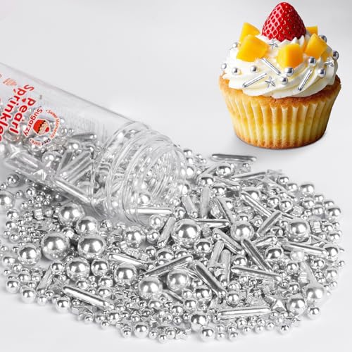 Image of Silver Pearl Sprinkles for Cake Decorating,130g,Edible Stars Rods Sprinkle,Mix Size,Baking Cake Decorations,Cupcake Toppers,Cookie Donuts Ice Cream,Birthday Wedding Mother's Day Party Supplies