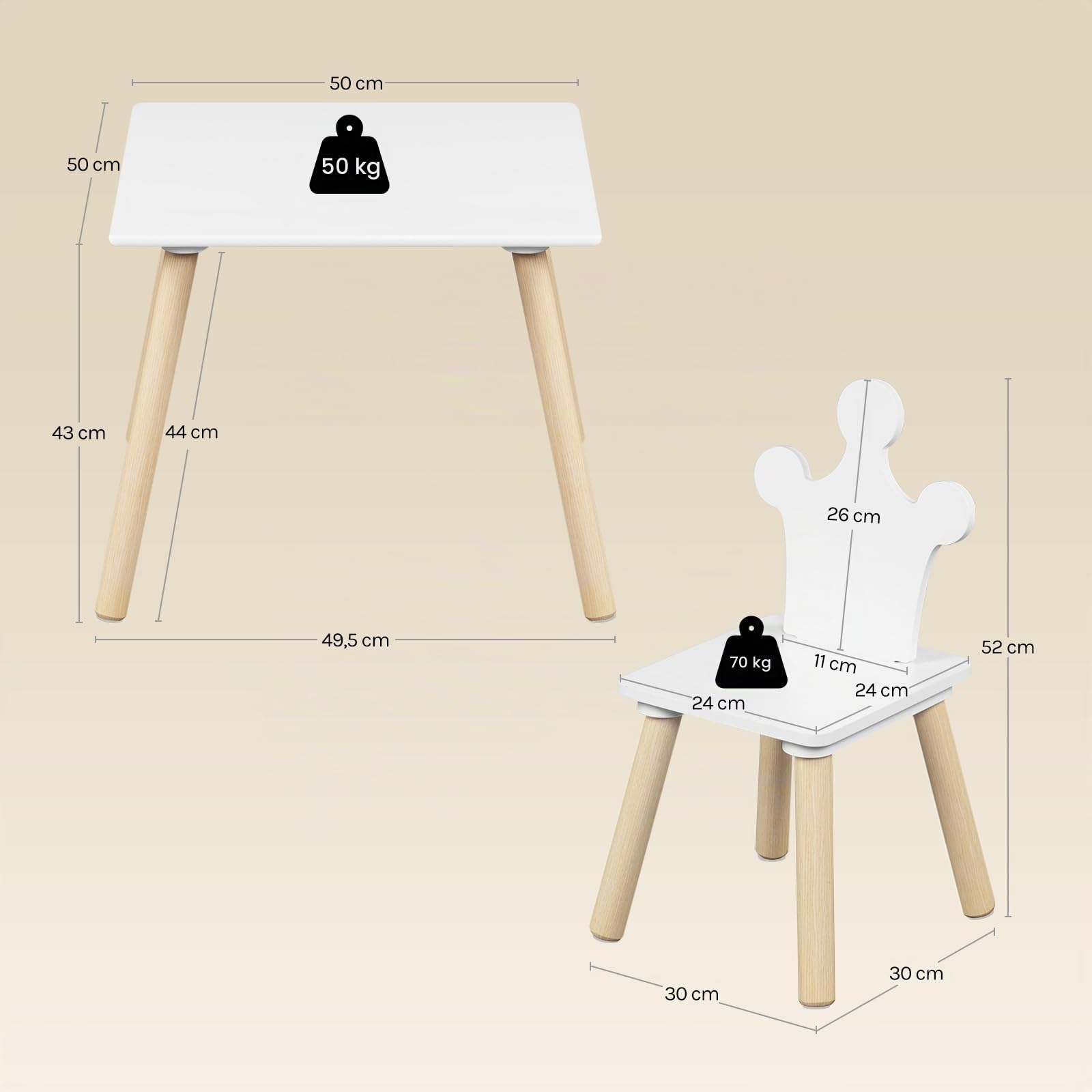 WOLTU WOTU Mesa Infantil con 2 Sillas para Niños, Blanco + Roble Claro