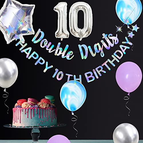 Image of Iridescent Double Digits Happy 10th Birthday Banner Garland Foil Balloon 10 for Girls Boys 10th Birthday Decorations Hanging 10 and Fabulous Cheers to 10 Years Old Ten Birthday Party Supplies Backdrop
