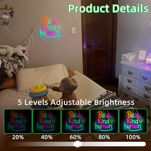 Image of LED Neon Signs for Wall Decor Be a Kind Human Colorful Letter Inspirational Words Neon Light USB Powered Dimmable Light up sign for Bedroom Home Party Gift Class Room Decor
