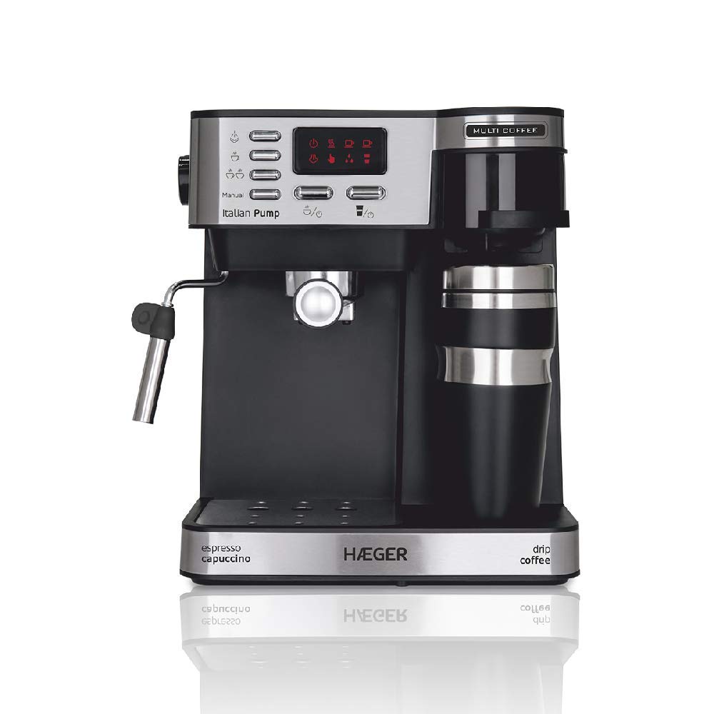 HAEGER Multi Coffee - Cafetera Espresso con 1450w, Capacidad: 1,2L - Pantalla de LED, Boquilla de Espuma y Bandeja de Goteo Desmontable, Cesta del Filtro extraíble y Lavable.