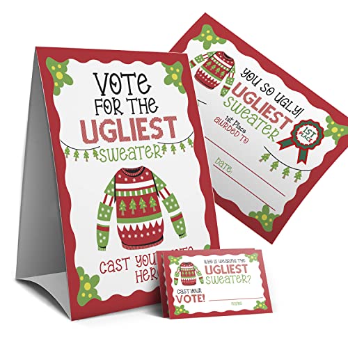 Ugly Christmas sweater voting suit Ugly Sweater Party Christmas Party Tacky Christmas Party-1 Sign 1Awards and 50 Guessing Cards43C