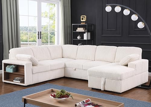 Image of ERYE 117-Inch Oversized U-Shaped Sleeper Sectional Sofabed, U Shaped Pull Out Sleeper Couch Corner Convertible Sectional Sofa Bed with Right Facing Storage Chaise for Living Room